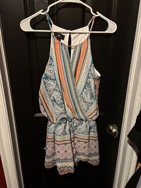I.N. San Francisco Teal & Coral Striped Paisley Romper
